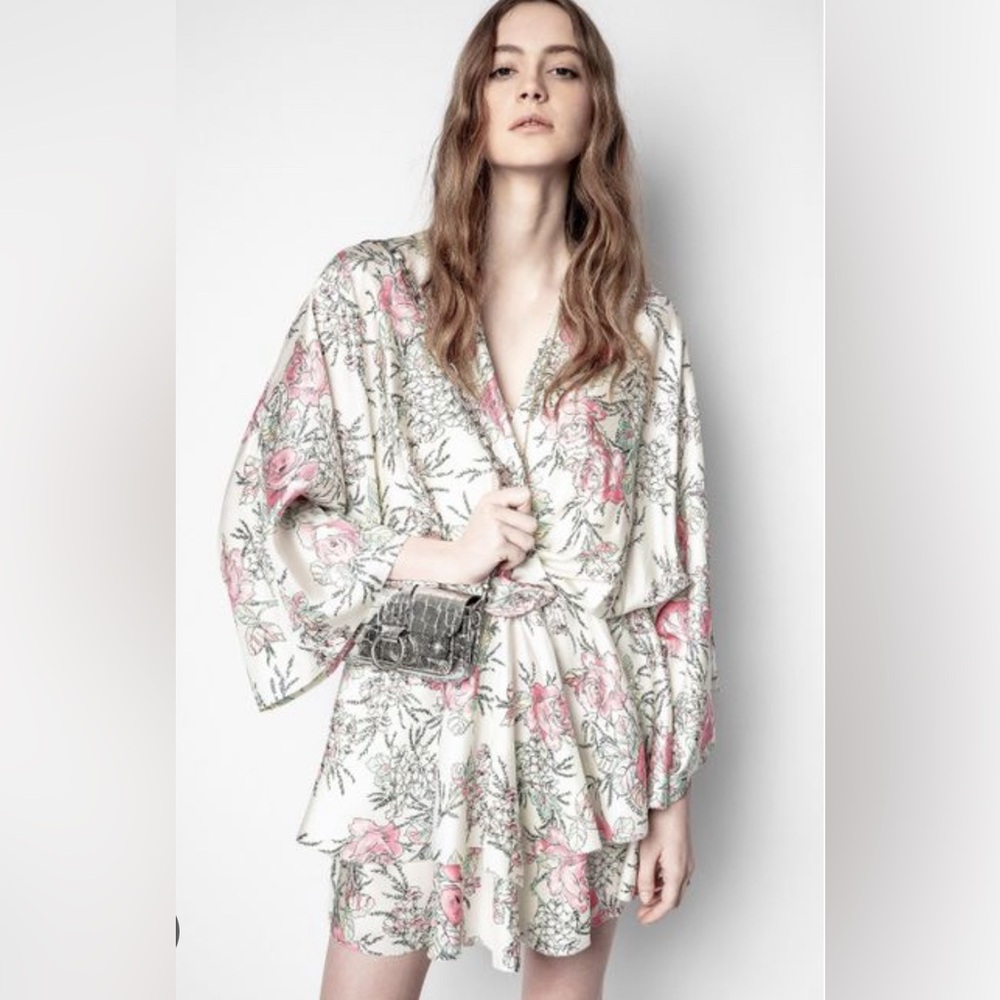 Zadig & Voltaire Cream Floral Mini Dress with Pink and Green Print